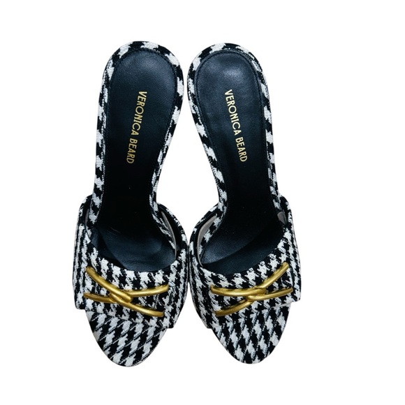 Veronica Beard Houndstooth black white gold hardware Leather Sandals NEW - Picture 4 of 5